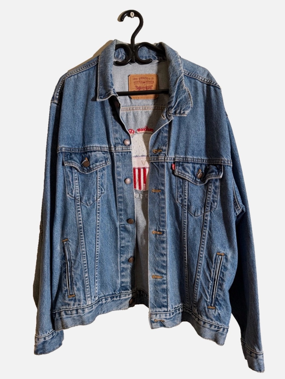 Vintage 90s Levi's Denim Jean Jacket 70507 Mens XL Made in USA American Flag